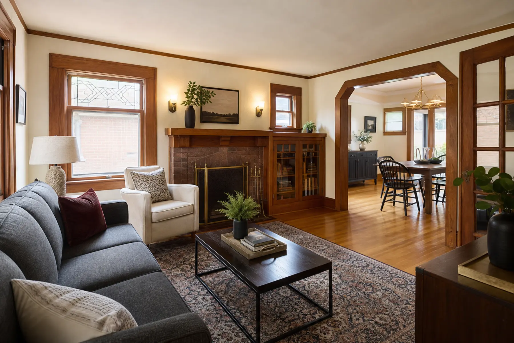 Warm living room with original woodwork in a Southwest Chicagoland bungalow